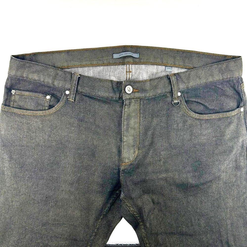 John Varvatos Brown Coated Slim Fit Jeans 38RG J295X2 BRIA Skull Hardware Denim
